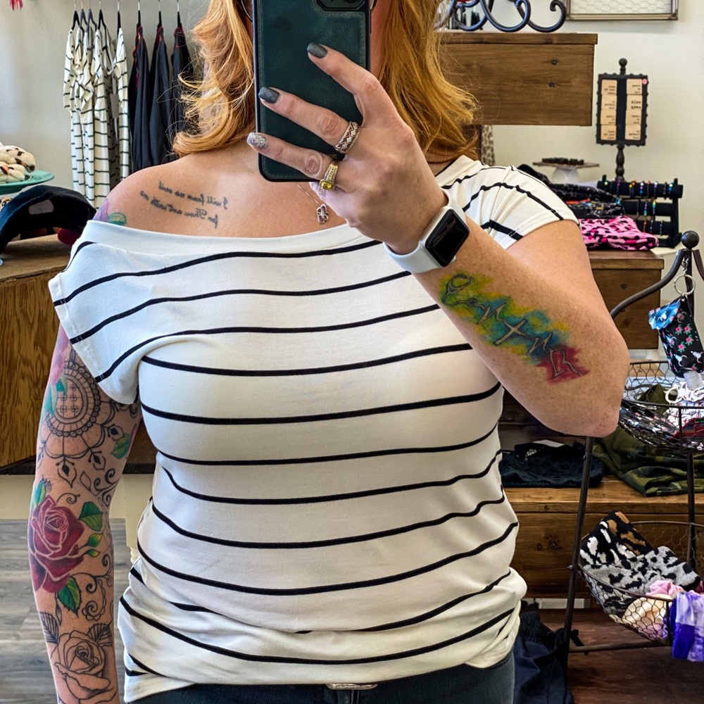 Pin Striped Over the Shoulder Blouse